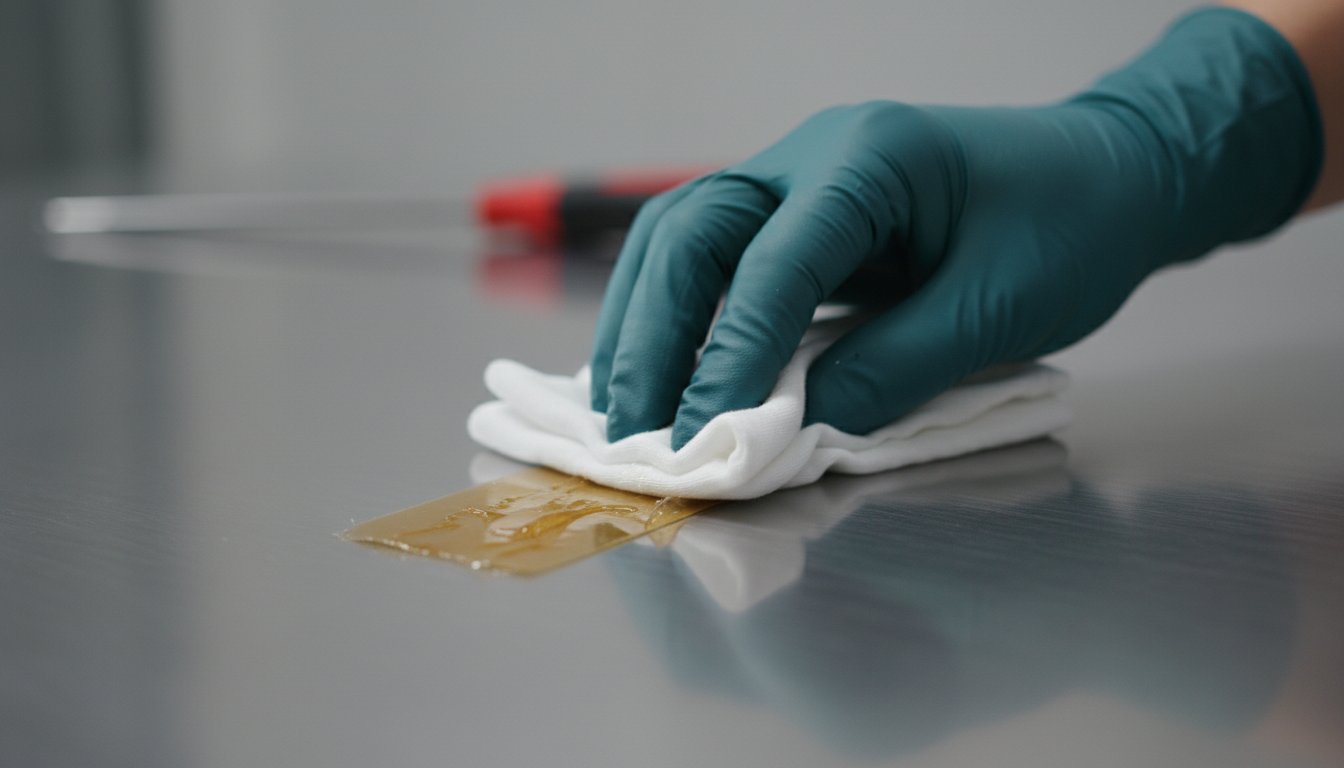 How do I remove adhesive residue from industrial surfaces